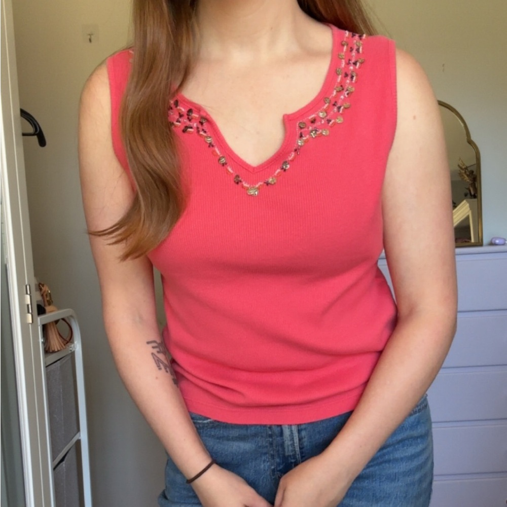 Last Chance Before Deleting! 
Vintage 90s pink beaded neckline tank top